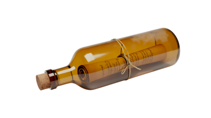 A vintage glass bottle with a cork stop captured in soft light