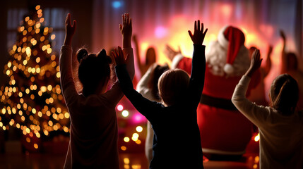 Warm defocused scene showing silhouettes of children dancing while faceless Santa waves hands to the rhythm of Christmas music, with copy space.