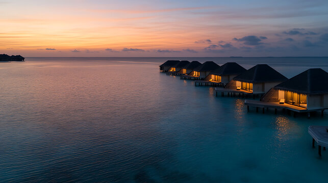 Serene water bungalows stand serenely on the water, as a beautiful sunset paints the sky with vibrant hues. The lit windows invite dreams of relaxation. - Powered by Adobe