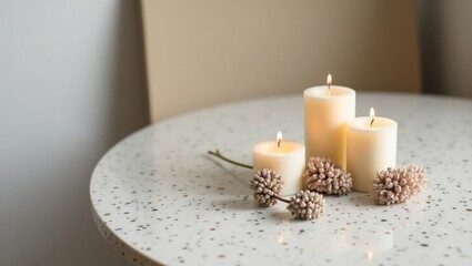 Cozy Minimalist Candle Arrangement with Dried Flowers and Warm Light