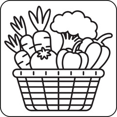 Healthy Vegetables Coloring Book Page | Basket of Carrots and Broccoli Line Drawing | Printable Vector Art for Kids and Adults.