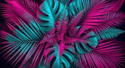 Tropical leaves with neon light in pink and blue