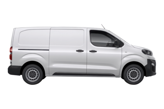 White panel van for commercial delivery and cargo transport isolated on transparent background