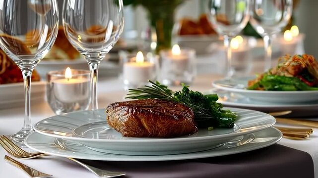 Exquisite dining experience featuring gourmet steak and seasonal vegetables at elegant restaurant