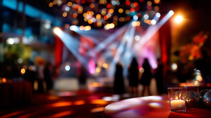 Fototapeta premium Defocused view of a corporate holiday stage with glowing spotlights, red and silver decorations, and blurred movement of people dancing, with copy space.
