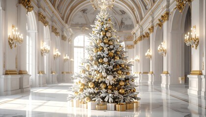 Elegant Christmas room with gold decorations, marble floor, and multiple festive trees
