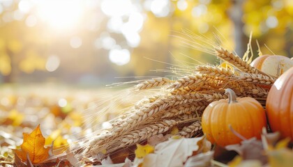 Harvesting autumn's bounty wheat and pumpkins in a sunlit meadow nature photography warm and inviting environment