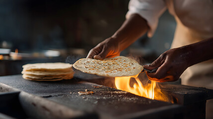 Chef flips tortilla over flames, showcasing skill and tradition with passionate intensity in food preparation