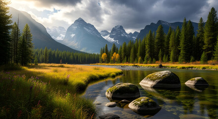 A serene and picturesque landscape capturing a pristine mountain lake with crystal-clear, teal-blue waters gently reflecting the surrounding alpine scenery. 