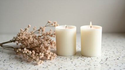 Cozy Minimalist Candle Arrangement with Dried Flowers and Warm Light