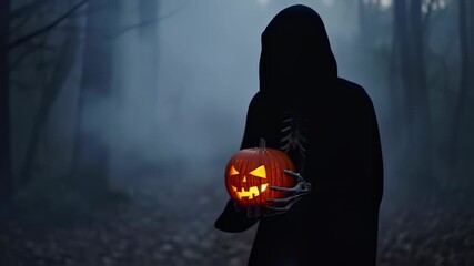 A robed figure in a foggy forest holds a lit carved pumpkin. Halloween scene, ominous - Powered by Adobe