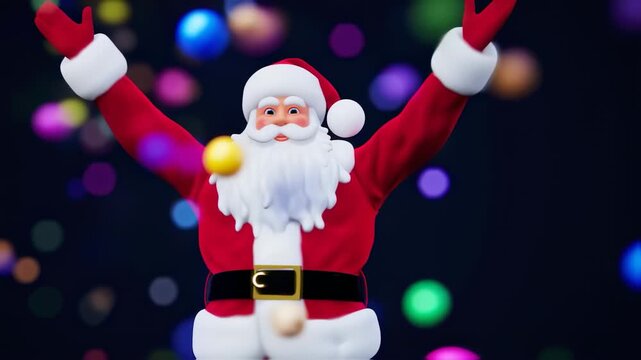A jolly, cartoonish figure, arms raised. Festive background with bokeh. Santa Claus with beard and suit