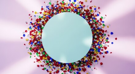 Colorful confetti around a circle on pink background