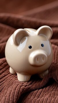 Sleek cream piggy bank on rich brown corduroy texture. Tactile texture contrast between sleek ceramic and corduroy.