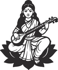Obraz premium Indian goddess Saraswathi sitting on lotus and playing musical instrument veena