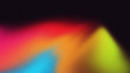 Blurry gradient color wave chromatic, abstract blue red pink orange black grainy background, grain noise texture backdrop poster banner cover design