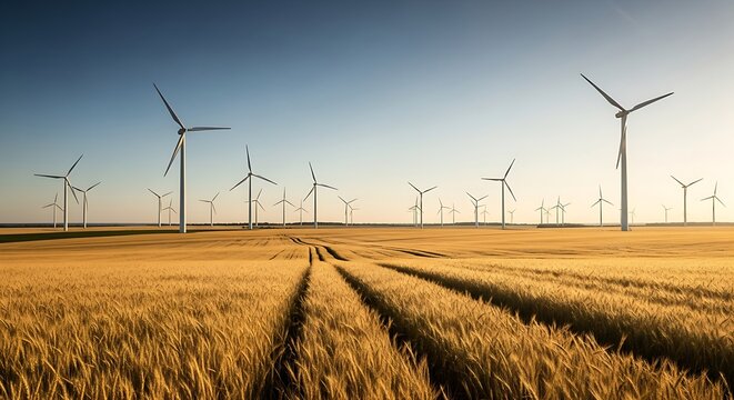 “Wind farm landscape with blue sky and wheat fields, sustainable energy production - Powered by Adobe