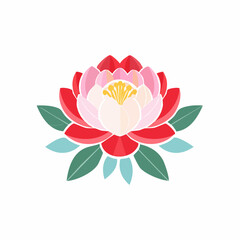 A vibrant stylized illustration of a blooming red and pink lotus flower with green leaves, presented in a traditional flat graphic style.
