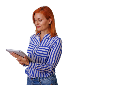 Redhead woman holding tablet and smiling, enjoying technology and connection, transparent background for easy use
