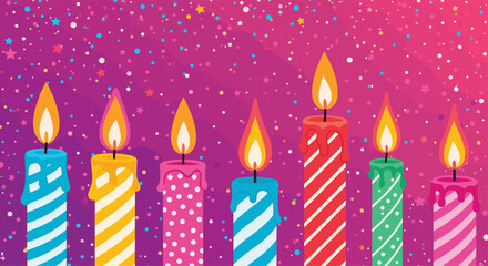 Several lit birthday candles with colorful flames on a purple background with confetti.