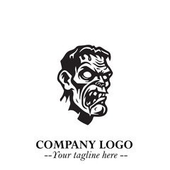 Head of Zombie Logo Symbol in Black on the White Background with Horror Minimal Vector Design