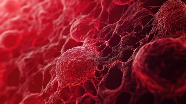 Abstract biological close-up showing red tissue or small cell structure under microscope.