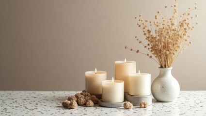Cozy Minimalist Candle Arrangement with Dried Flowers and Warm Light