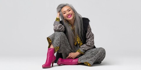 Stylish mature asian female with long gray hair in vibrant outfit and pink boots