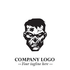 Head of Zombie Logo Symbol in Black on the White Background with Horror Minimal Vector Design