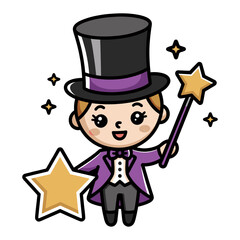 Charming Cartoon Magician with Star Wand and Top Hat.