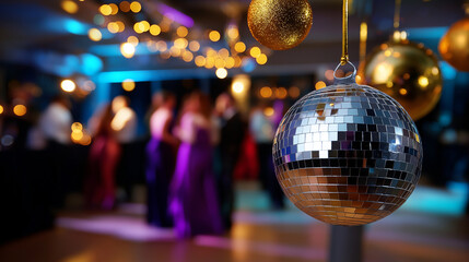Obraz premium Defocused lights reflecting off metallic decorations and blurred silhouettes of dancing guests, vibrant New Year atmosphere, with copy space.