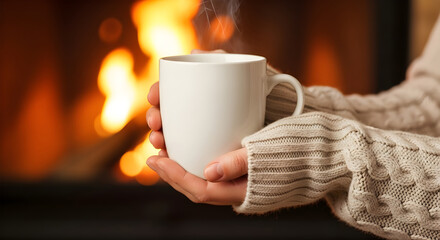 Cozy hands holding a warm mug of steaming beverage by a crackling fireplace on a cold evening