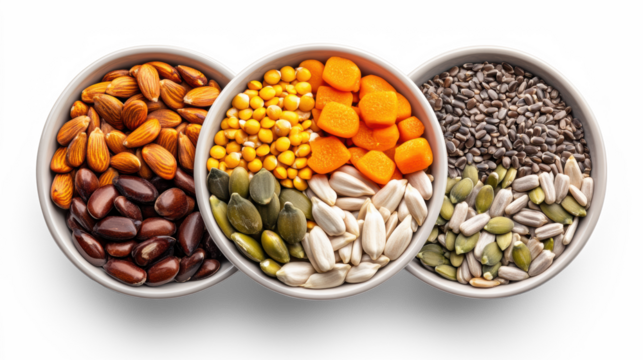 Assorted Seeds in Bowls on Transparent Background