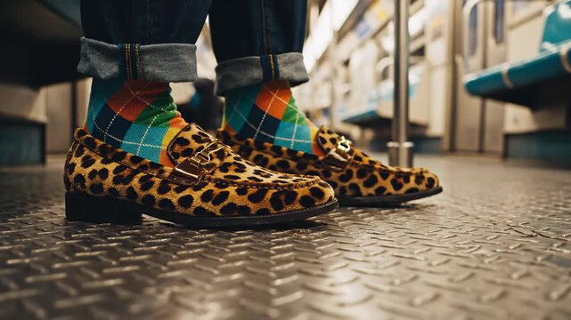 Person Standing in Leopard Print Loafers and Argyle Socks in Subway Train