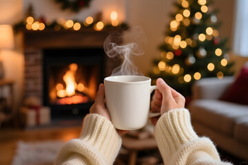 Holding a steaming white mug in a cozy, festive Christmas living room