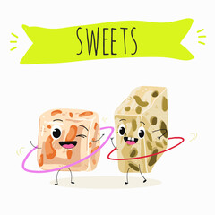 Tasty nougat, turkish delight, Halva confection, funny characters, hand drawn vector illustration.