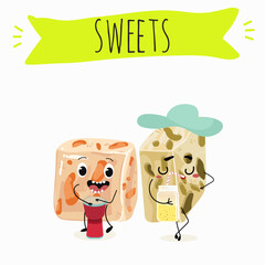 Tasty nougat, turkish delight, Halva confection, funny characters, hand drawn vector illustration.