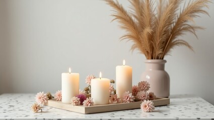 Cozy Minimalist Candle Arrangement with Dried Flowers and Warm Light