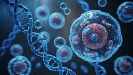 A Detailed and Dramatic 3D Digital Illustration Showcasing Cellular Structure and the DNA Double Helix in a High-Contrast Blue and Red Microscopic Environment