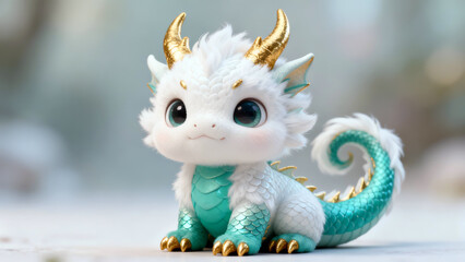 Adorable plush baby dragon with fluffy white fur, teal scales, golden horns & claws, big sparkling eyes, turquoise wings, smiling cutely