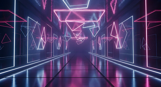 Futuristic neon corridor with geometric shapes and reflective surfaces in vibrant pink and blue - Powered by Adobe