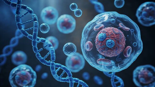 A Detailed and Dramatic 3D Digital Illustration Showcasing Cellular Structure and the DNA Double Helix in a High-Contrast Blue and Red Microscopic Environment