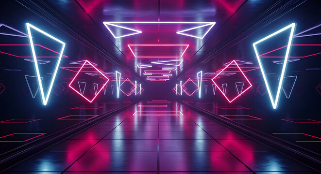 Futuristic neon geometric tunnel with vibrant pink and blue glowing lights creating an immersive digital environment - Powered by Adobe