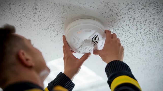 Technician installing smoke detector on ceiling ensuring fire safety and protection in modern home interior under proper maintenance lighting