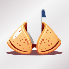 An illustrated fortune cookie cracked open, revealing a paper fortune slip inside on a light background.