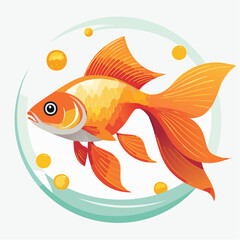 Naklejka premium A vibrant illustration of a single, bright orange goldfish swimming gracefully within a circular, aqua-colored border, surrounded by small, golden bubbles.