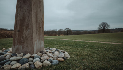 Rustic Stone Pillar in Grassy Field with Overcast Sky Background