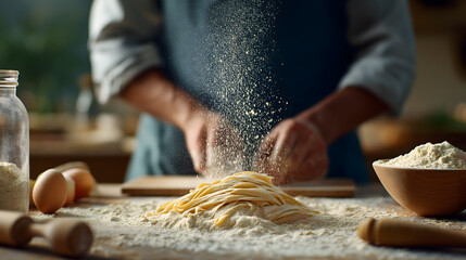 Local woman focused on preparing handmade pasta. Flour floats around her as she expertly works dough