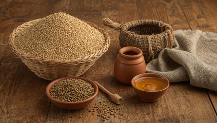 Rustic Still Life Featuring Lentils Quinoa Honey and Natural Elements