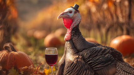 Elegant turkey wearing a top hat enjoys a glass of red wine in a festive autumn setting with pumpkins
